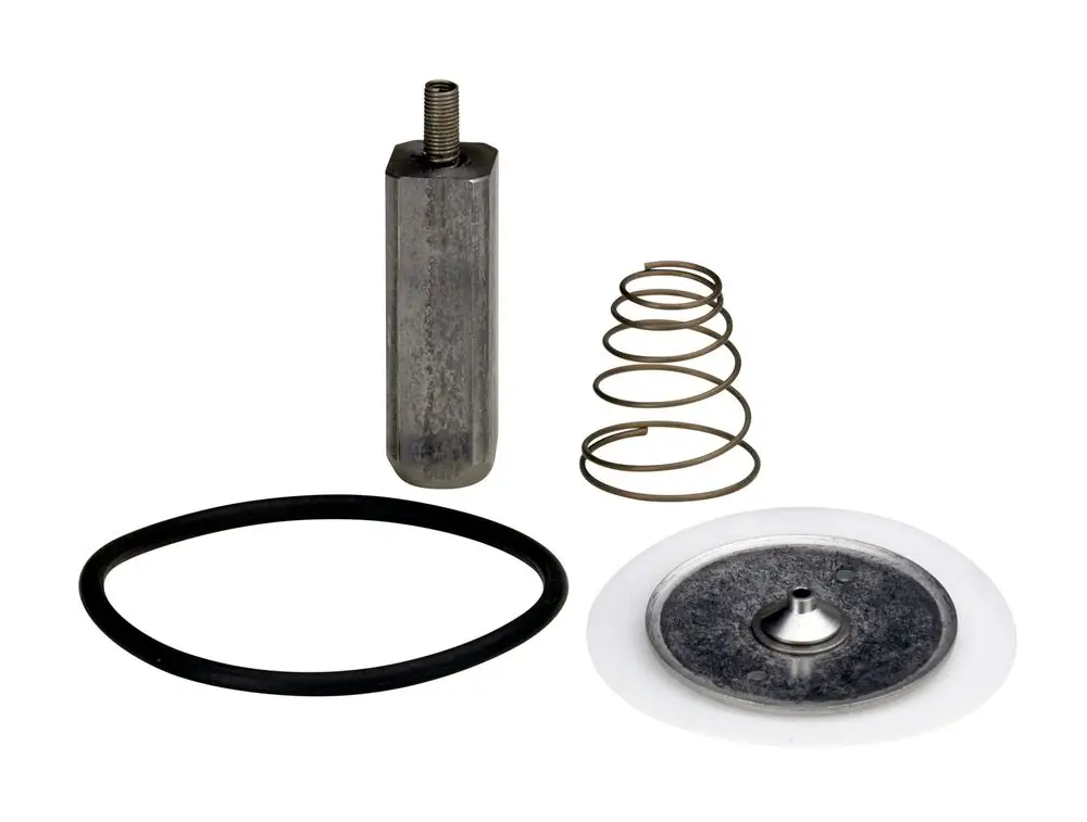 Ersatzteile von Danfoss, bestehend aus einem zylindrischen Metallbauteil, einer Feder, einem O-Ring und einer flachen Dichtung, angeordnet auf einem neutralen Hintergrund.